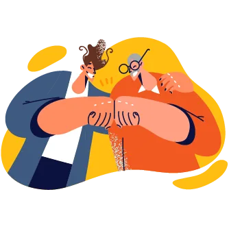 Illustration of two adults facing each other, one wearing glasses